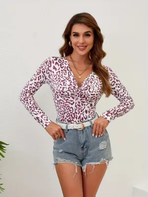 xieyinshe Leopard Print Twist Tunics, Sexy V Neck Long Sleeve Slim Tunics, Women's Clothing