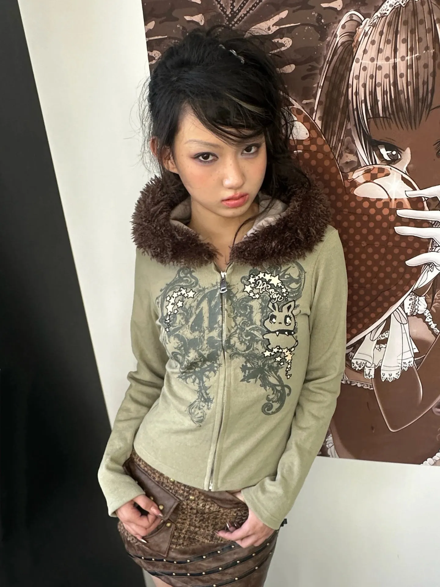 Y2K Faux Fur Hooded Cardigan