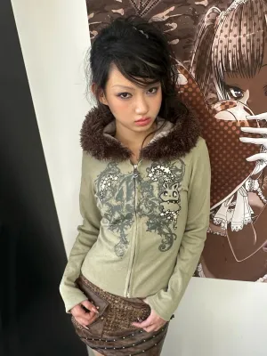 Y2K Faux Fur Hooded Cardigan
