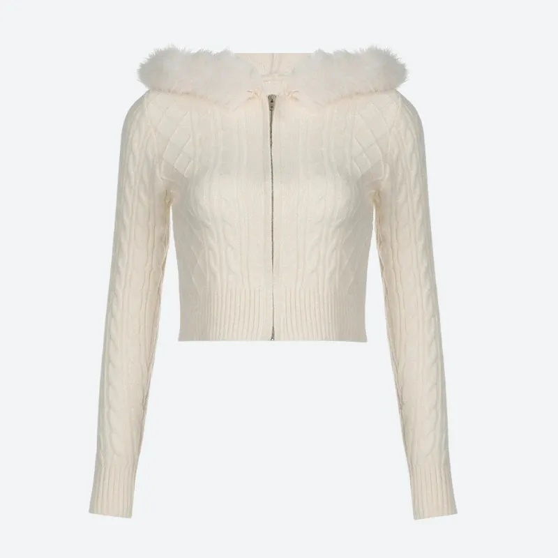 Y2K Faux Fur Hooded Knitted Cardigan