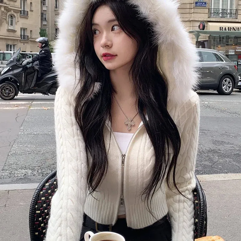 Y2K Faux Fur Hooded Knitted Cardigan