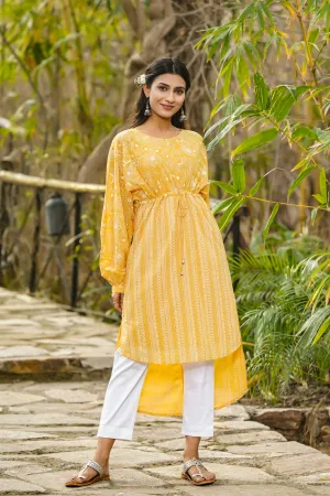 Yellow Floral Printed Georgette High- Low Tunic With Shantoon Inner-2965YELLOW
