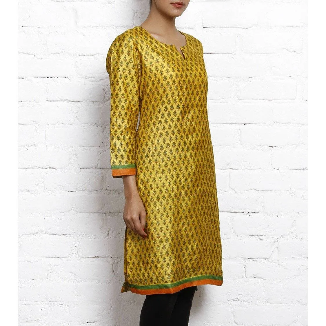 Yellow Printed Tussar Silk Kurta