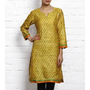Yellow Printed Tussar Silk Kurta