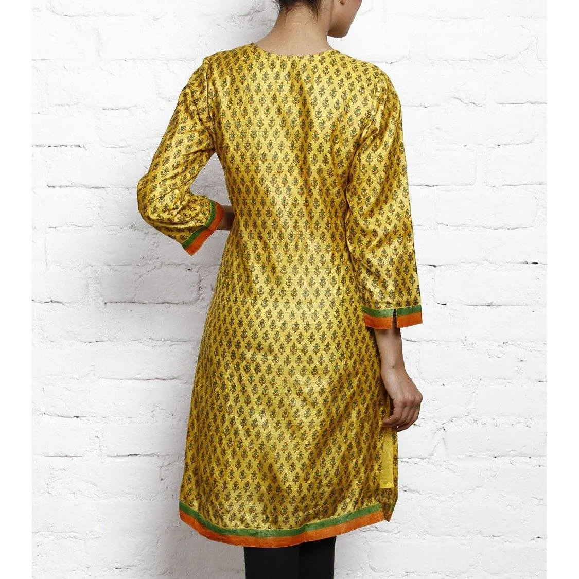 Yellow Printed Tussar Silk Kurta