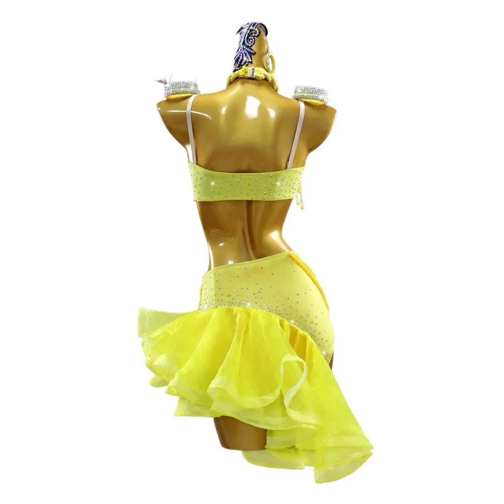 Yellow Ruffles Latin Dance Dresses for Women Girls Salsa Rumba Chacha Performance Competition Costumes