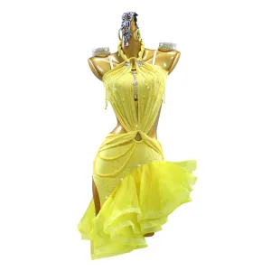 Yellow Ruffles Latin Dance Dresses for Women Girls Salsa Rumba Chacha Performance Competition Costumes