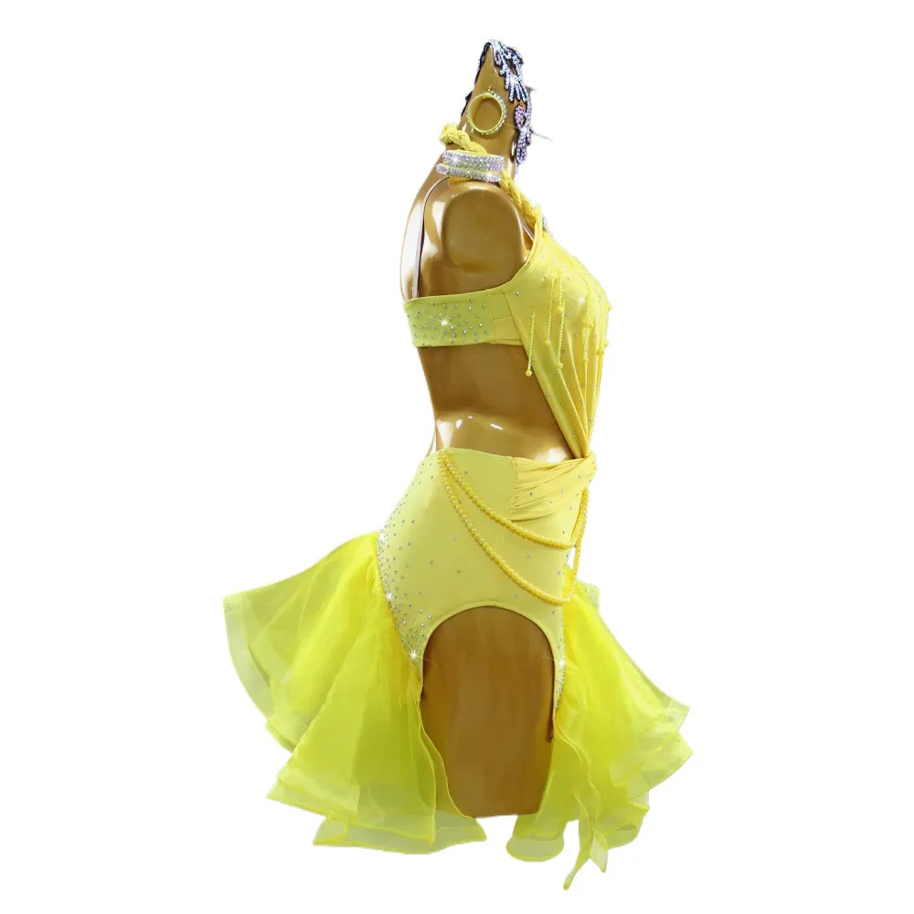 Yellow Ruffles Latin Dance Dresses for Women Girls Salsa Rumba Chacha Performance Competition Costumes