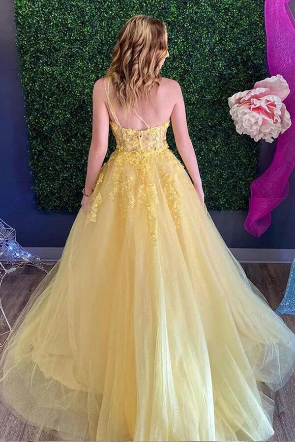 Yellow Tulle A-line One Shoulder Lace Prom Dresses, Evening Dresses, MP719