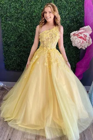 Yellow Tulle A-line One Shoulder Lace Prom Dresses, Evening Dresses, MP719
